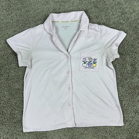 Life Is Good Top Womens S Pink Sleep Shirt Flower Pots Button Front Pajamas READ - Picture 2 of 11